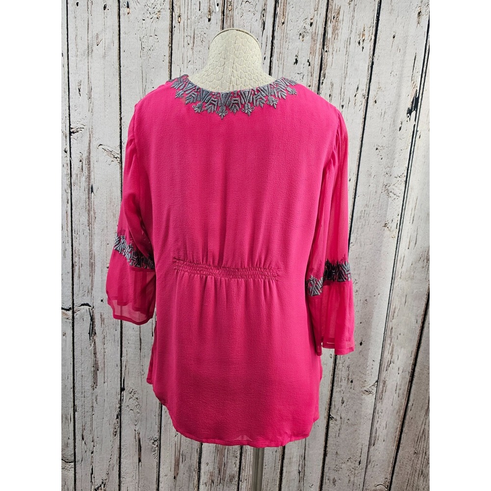 Rungolee L Pink Silk Bell Sleeve Peasant Blouse Shirt Top Tunic Boho Chic EUC - Picture 6 of 8